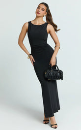 Black Jersey Scoop Neck Open Back Bodycon Maxi Dress
